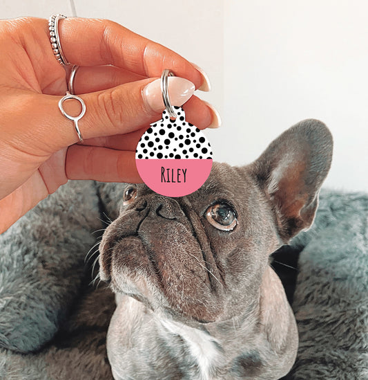 Dark Pink Half Polka Dots Circle Dog Tag