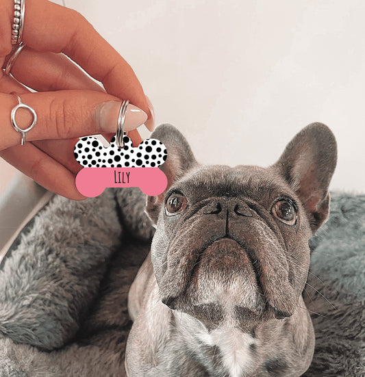 Dark Pink Half Polka Dots Bone Dog Tag